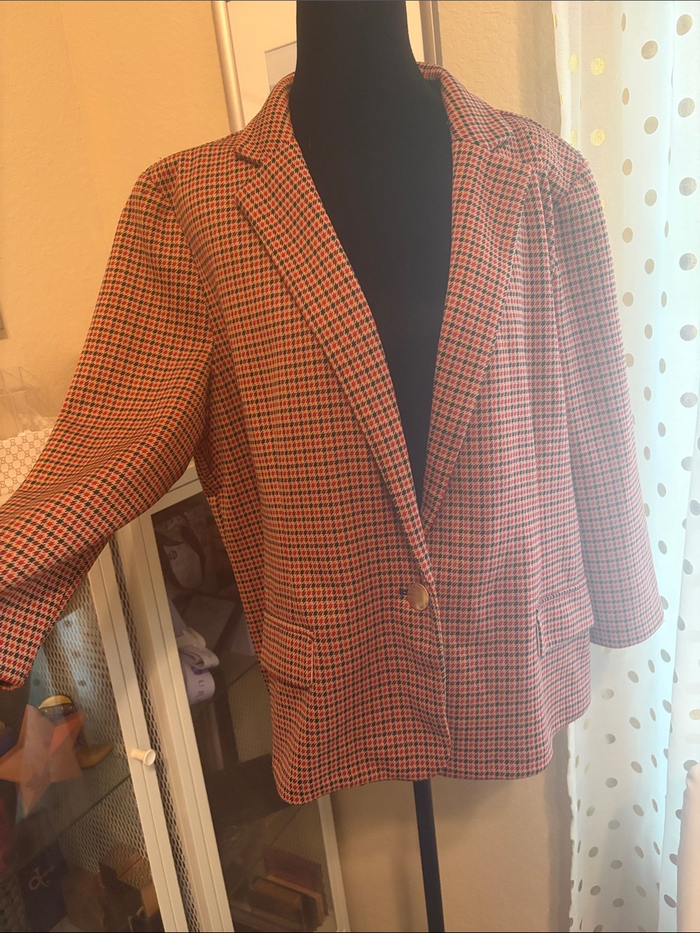 Red and Black Houndstooth Single-Button Blazer